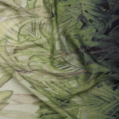 Textured Rayon and Nylon Woven Print - Fern Green, Black and Cream Tropical Foliage - Designer Deadstock
