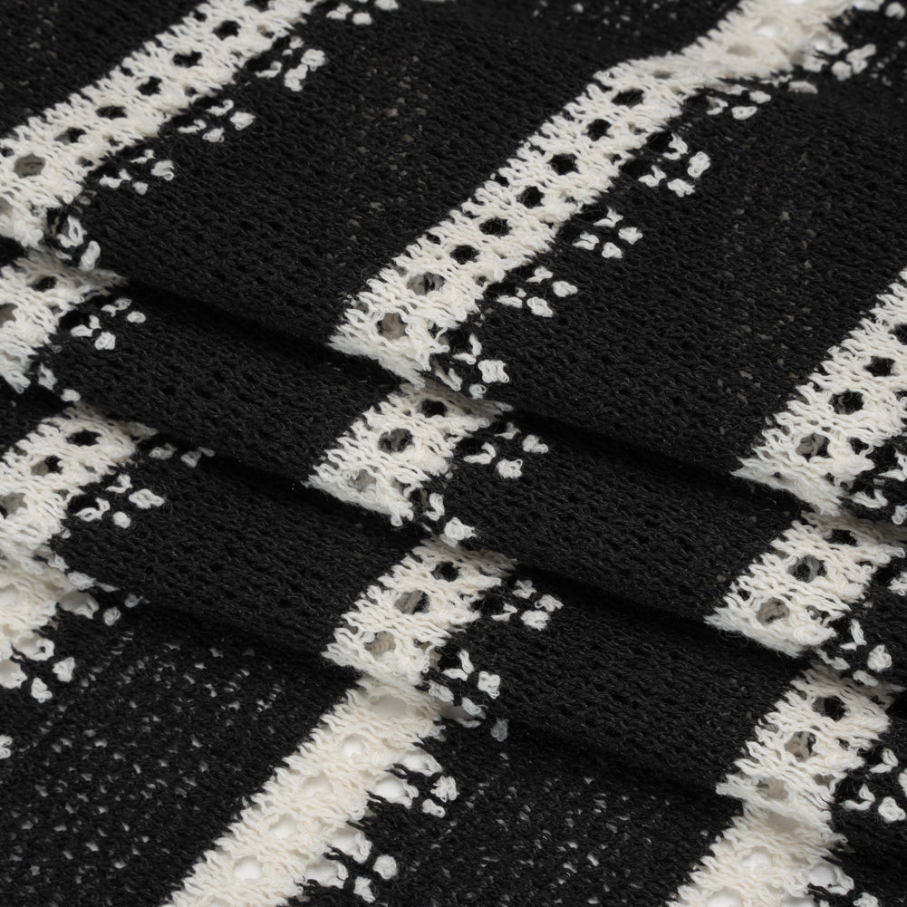 Polyester Crochet Knit - Black and Cream Stripes - Designer Deadstock - Folded
