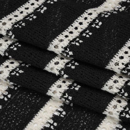 Polyester Crochet Knit - Black and Cream Stripes - Designer Deadstock