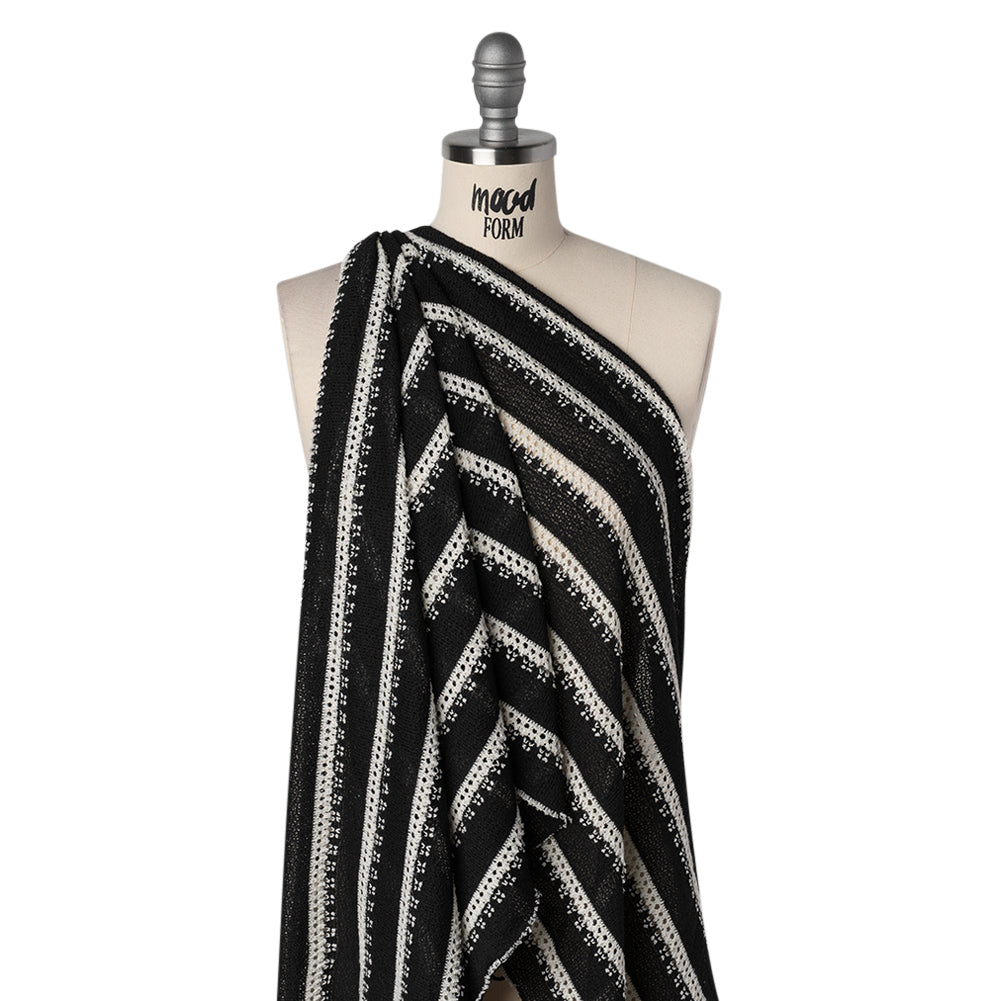 Polyester Crochet Knit - Black and Cream Stripes - Designer Deadstock - Drape