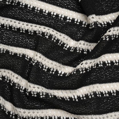 Polyester Crochet Knit - Black and Cream Stripes - Designer Deadstock