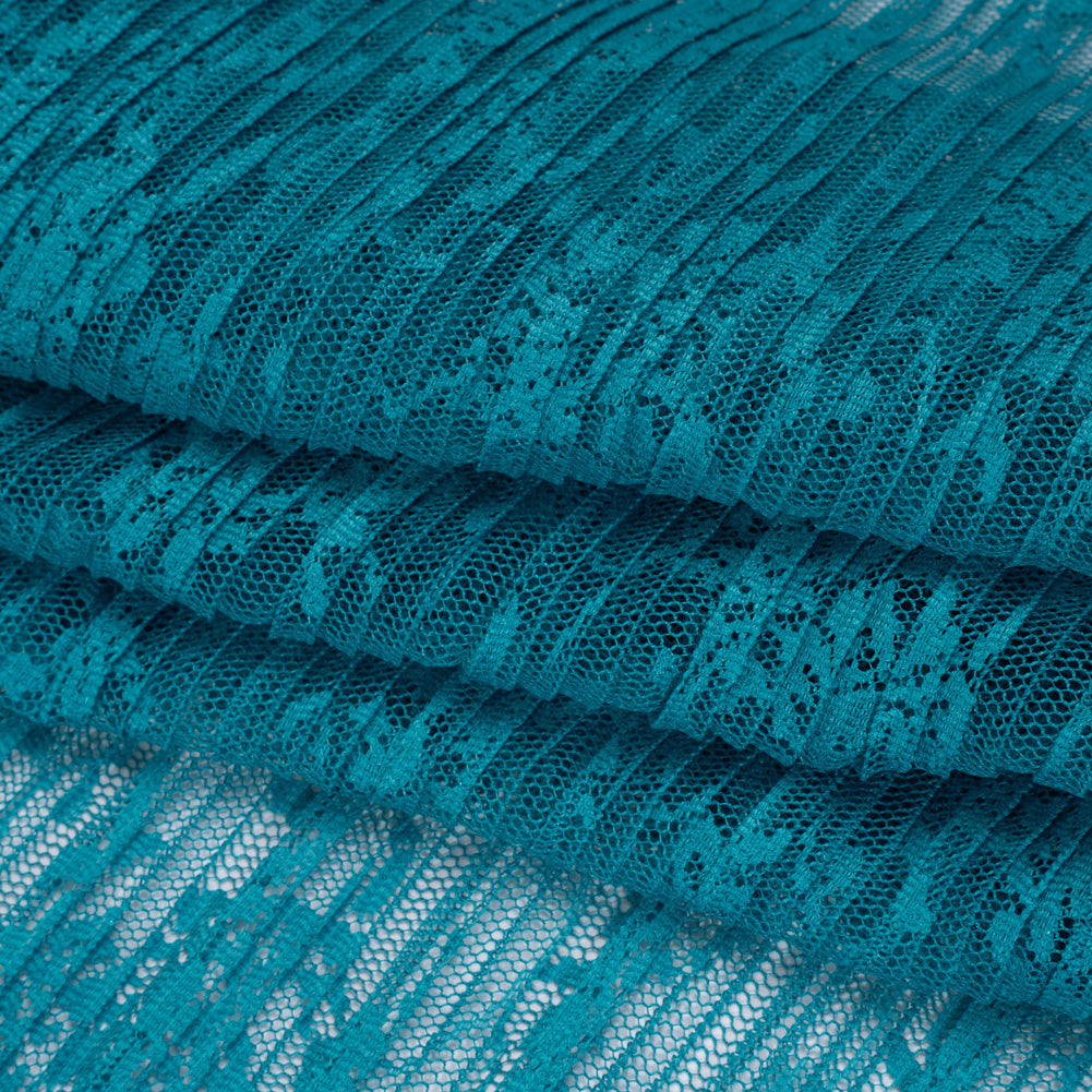 Pleated Polyester Lace - Teal Blue Floral - Designer Deadstock - Folded