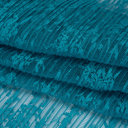 Pleated Polyester Lace - Teal Blue Floral - Designer Deadstock
