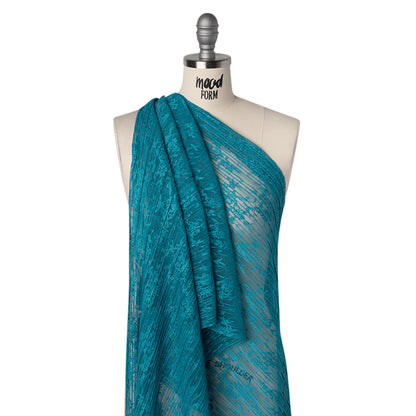 Pleated Polyester Lace - Teal Blue Floral - Designer Deadstock