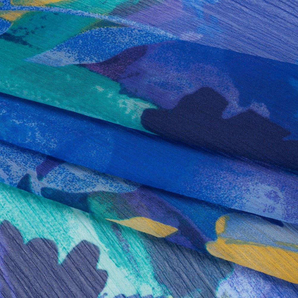 Crinkled Polyester Chiffon Print - Lapis Blue, Mellow Yellow and Jade Green Abstract Watercolor Floral - Designer Deadstock - Folded