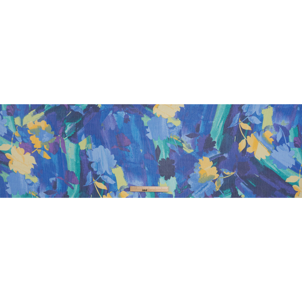 Crinkled Polyester Chiffon Print - Lapis Blue, Mellow Yellow and Jade Green Abstract Watercolor Floral - Designer Deadstock - Full