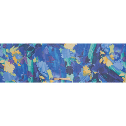 Crinkled Polyester Chiffon Print - Lapis Blue, Mellow Yellow and Jade Green Abstract Watercolor Floral - Designer Deadstock
