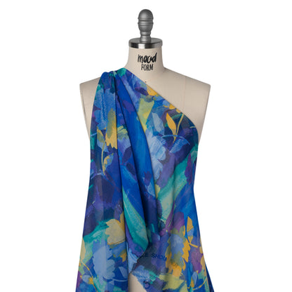 Crinkled Polyester Chiffon Print - Lapis Blue, Mellow Yellow and Jade Green Abstract Watercolor Floral - Designer Deadstock