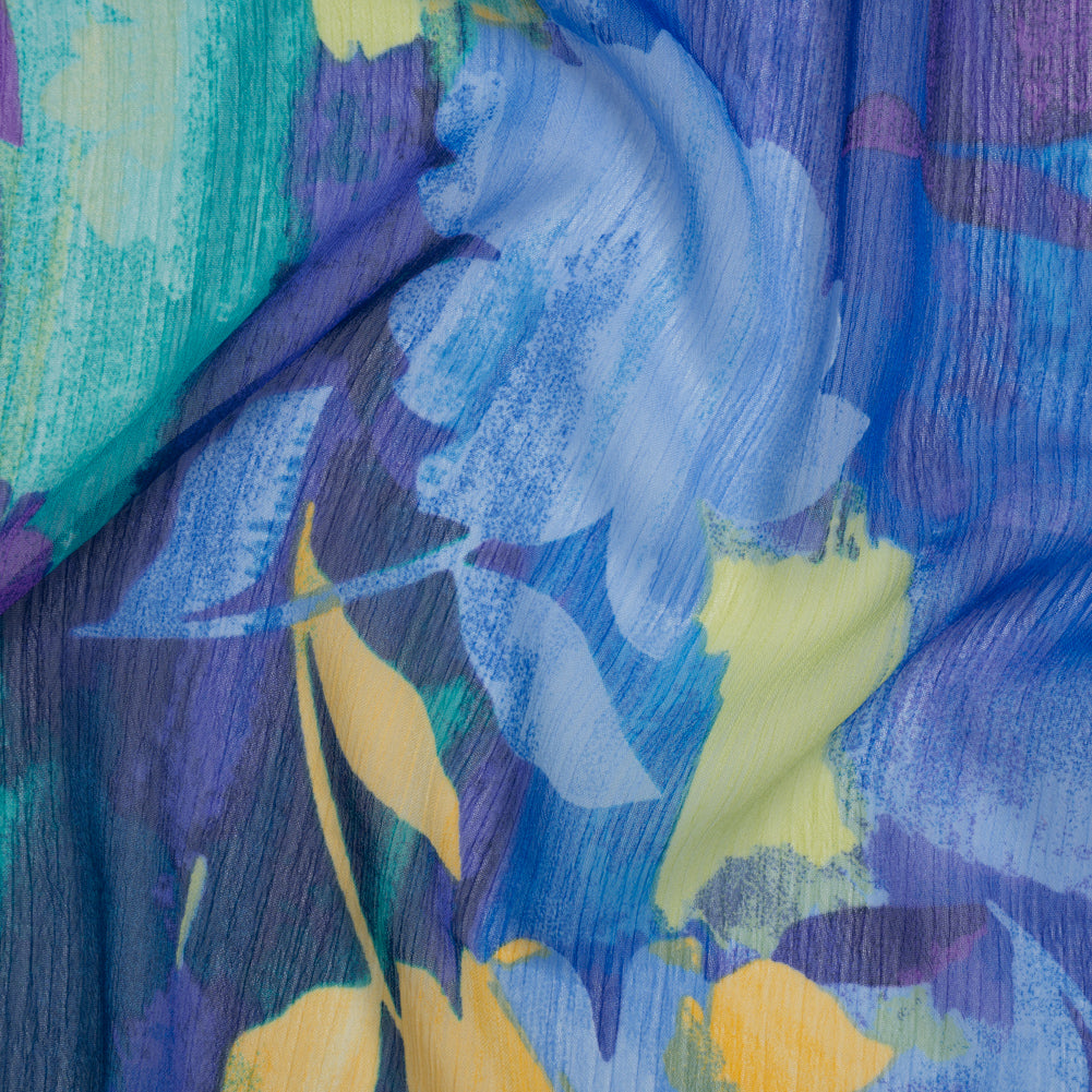 Crinkled Polyester Chiffon Print - Lapis Blue, Mellow Yellow and Jade Green Abstract Watercolor Floral - Designer Deadstock