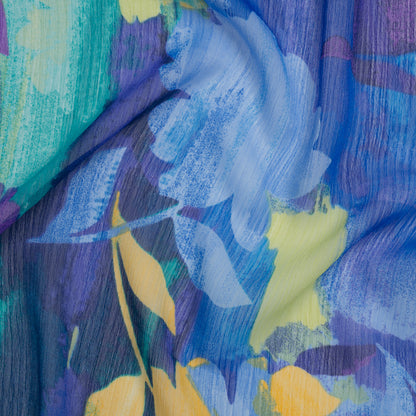 Crinkled Polyester Chiffon Print - Lapis Blue, Mellow Yellow and Jade Green Abstract Watercolor Floral - Designer Deadstock