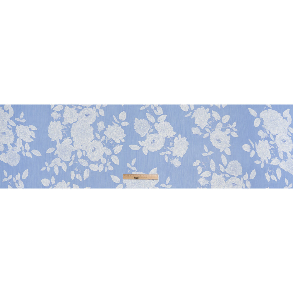 Crinkled Polyester Chiffon Print - Summer Blue and White Floral - Designer Deadstock - Full