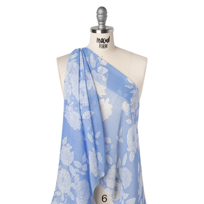 Crinkled Polyester Chiffon Print - Summer Blue and White Floral - Designer Deadstock