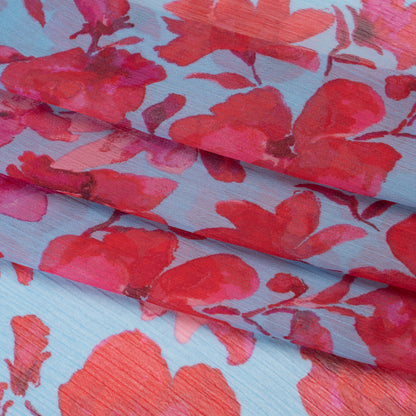 Crinkled Polyester Chiffon Print - Magenta and Sky Blue Watercolor Floral - Designer Deadstock