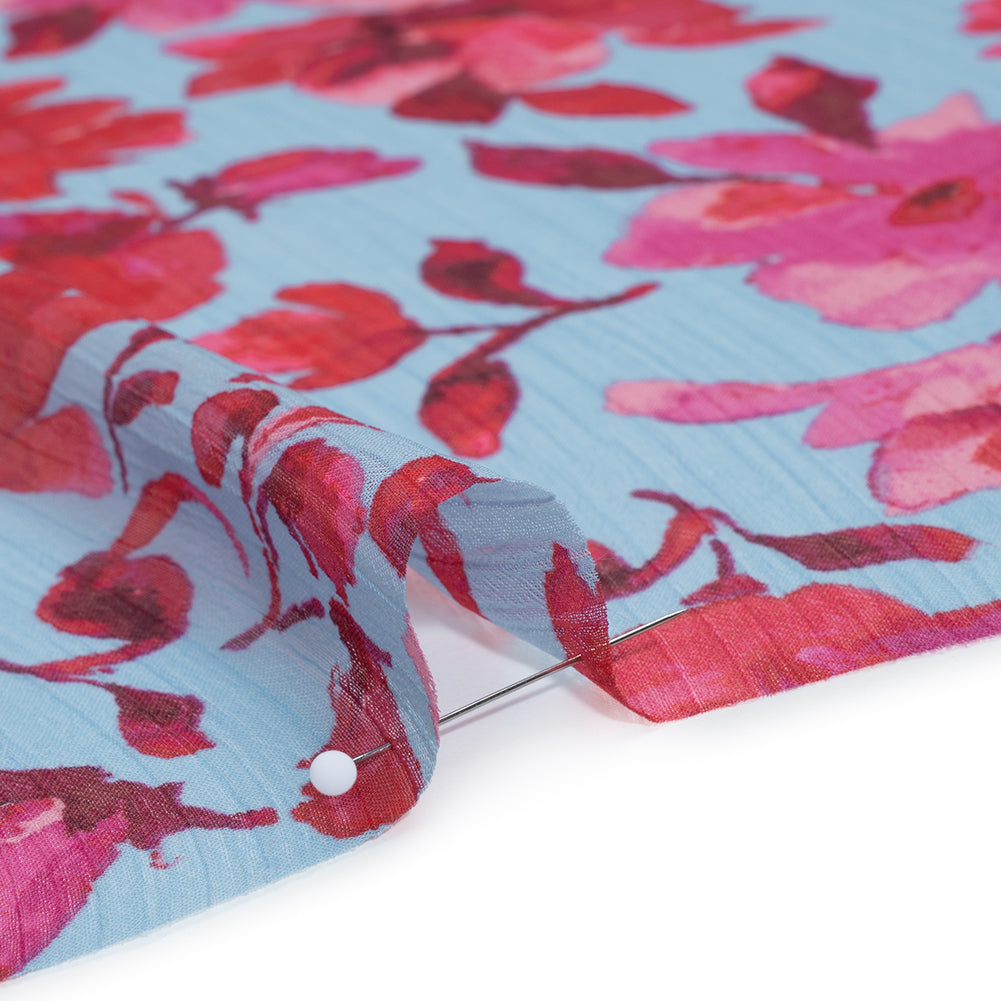 Crinkled Polyester Chiffon Print - Magenta and Sky Blue Watercolor Floral - Designer Deadstock - Detail