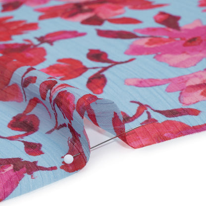 Crinkled Polyester Chiffon Print - Magenta and Sky Blue Watercolor Floral - Designer Deadstock