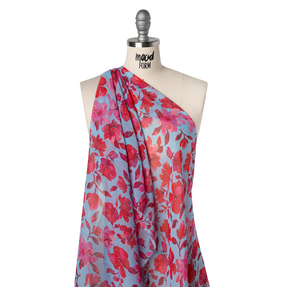 Crinkled Polyester Chiffon Print - Magenta and Sky Blue Watercolor Floral - Designer Deadstock - Drape