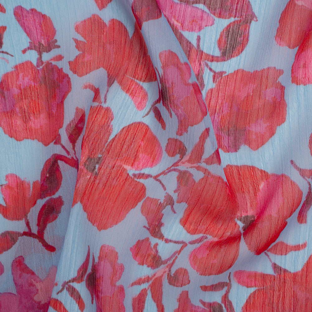 Crinkled Polyester Chiffon Print - Magenta and Sky Blue Watercolor Floral - Designer Deadstock