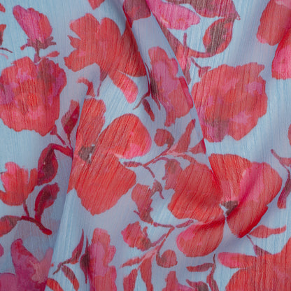 Crinkled Polyester Chiffon Print - Magenta and Sky Blue Watercolor Floral - Designer Deadstock