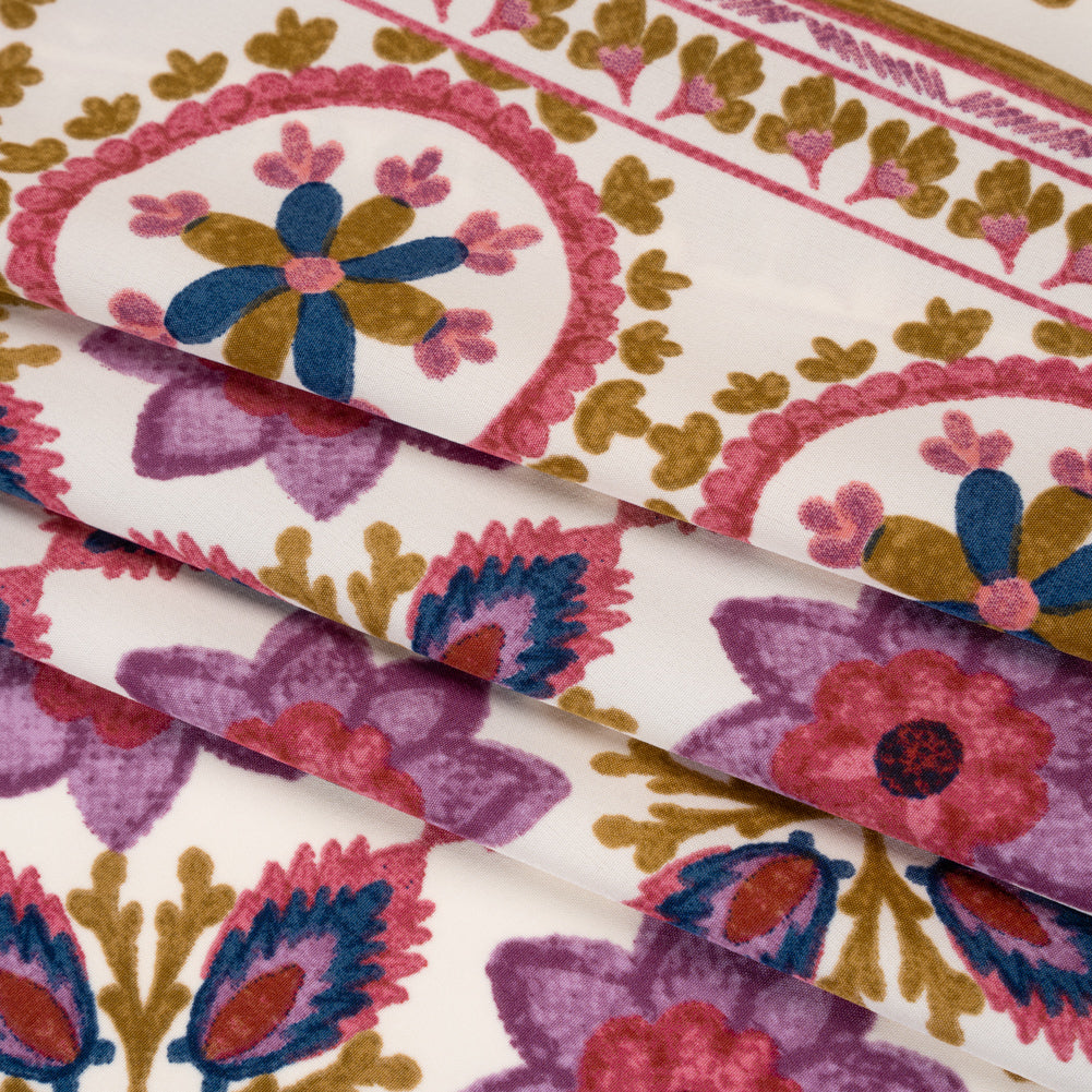 Stretch Polyester Woven Print - Dark Golden Yellow, Sunset Purple and Rouge Pink Floral - Deadstock - Folded