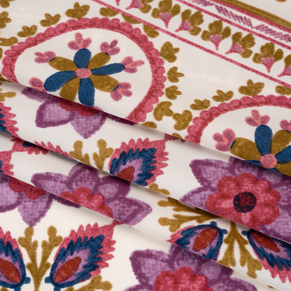 Stretch Polyester Woven Print - Dark Golden Yellow, Sunset Purple and Rouge Pink Floral - Deadstock