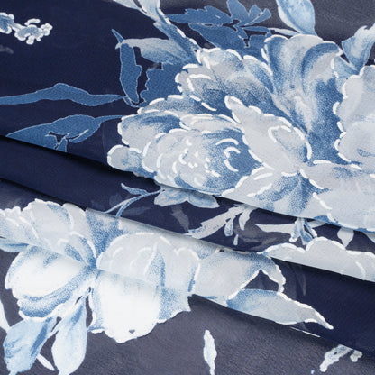 Polyester Chiffon with Puff Print - Navy, Denim Blue and White Floral - Designer Deadstock