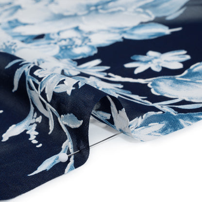 Polyester Chiffon with Puff Print - Navy, Denim Blue and White Floral - Designer Deadstock