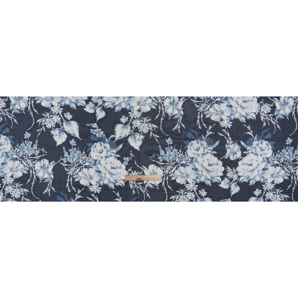 Polyester Chiffon with Puff Print - Navy, Denim Blue and White Floral - Designer Deadstock - Full