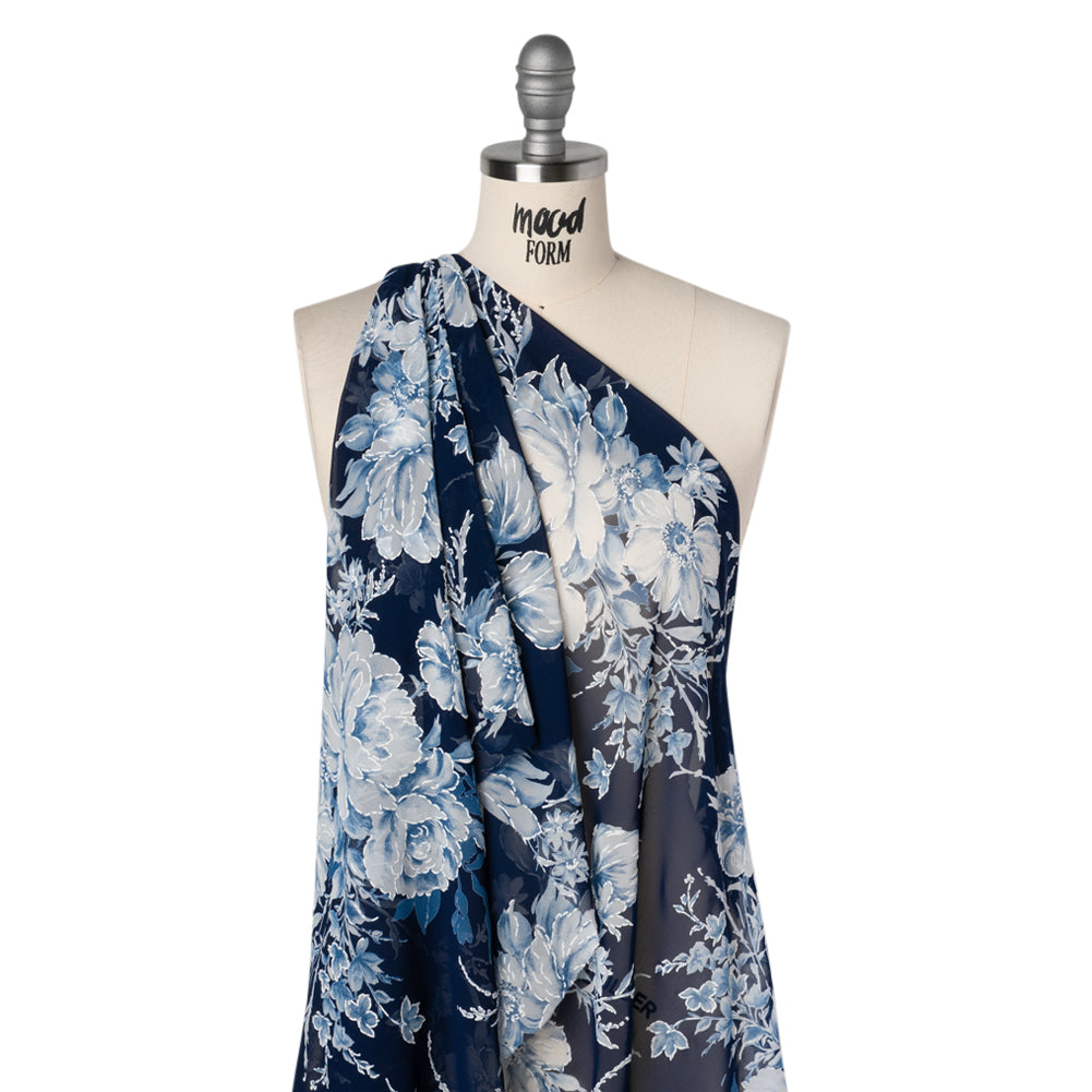 Polyester Chiffon with Puff Print - Navy, Denim Blue and White Floral - Designer Deadstock - Drape
