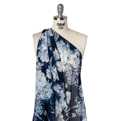 Polyester Chiffon with Puff Print - Navy, Denim Blue and White Floral - Designer Deadstock