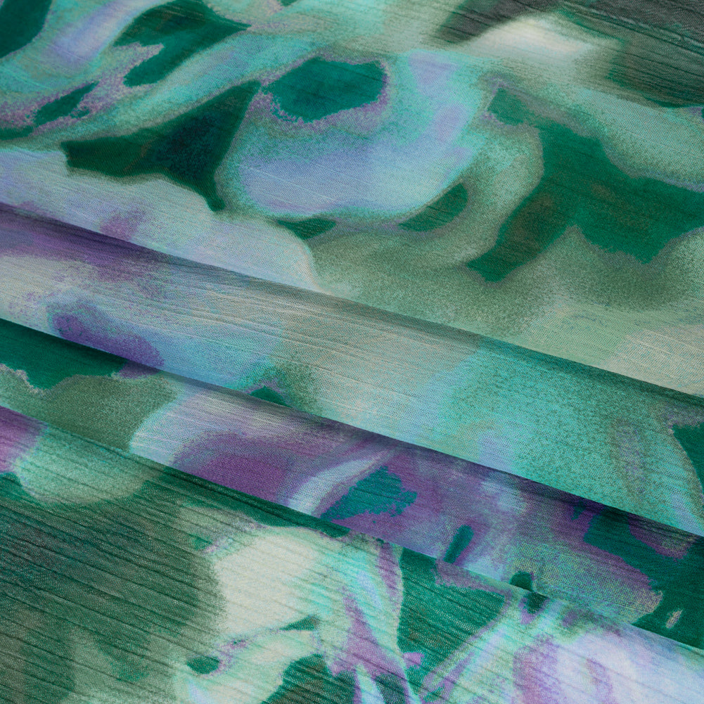 Crinkled Polyester Chiffon Print - Teal Green and Orchid Purple Painterly Abstract Floral - Designer Deadstock - Folded