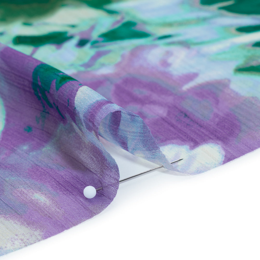 Crinkled Polyester Chiffon Print - Teal Green and Orchid Purple Painterly Abstract Floral - Designer Deadstock - Detail