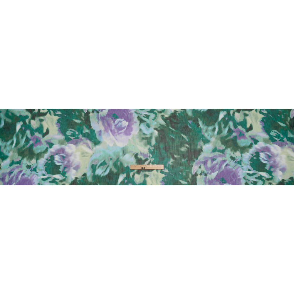 Crinkled Polyester Chiffon Print - Teal Green and Orchid Purple Painterly Abstract Floral - Designer Deadstock - Full