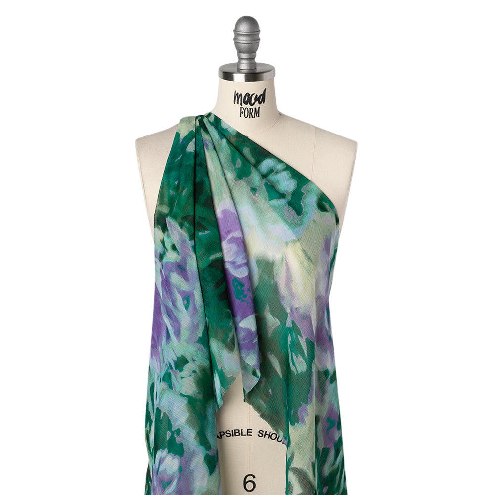 Crinkled Polyester Chiffon Print - Teal Green and Orchid Purple Painterly Abstract Floral - Designer Deadstock - Drape