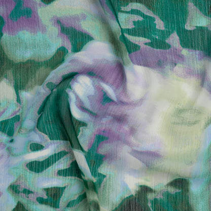 Crinkled Polyester Chiffon Print - Teal Green and Orchid Purple Painterly Abstract Floral - Designer Deadstock