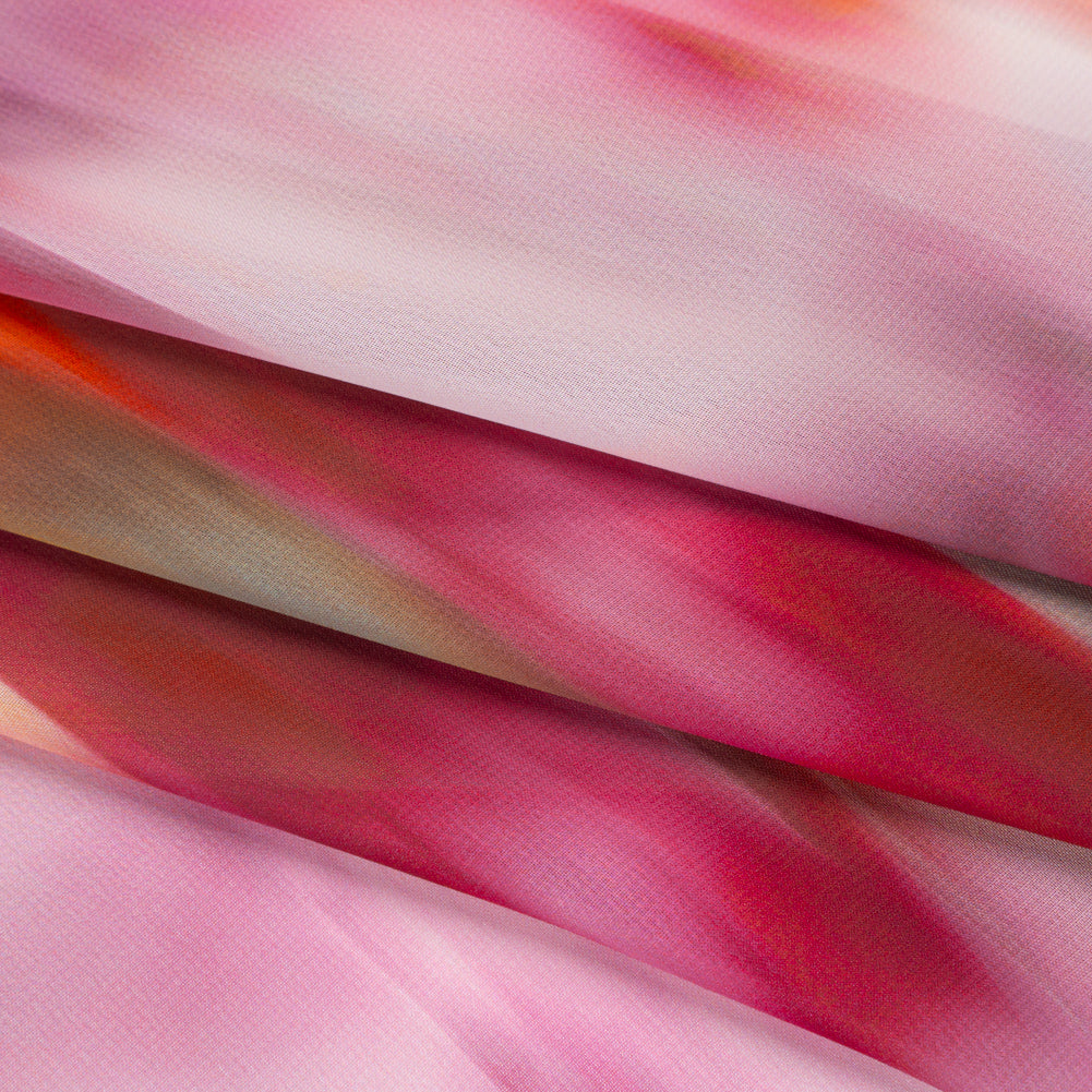Polyester Chiffon Print - Hibiscus Pink, Creamsicle and Golden Yellow Soft Painterly Abstract - Designer Deadstock - Folded