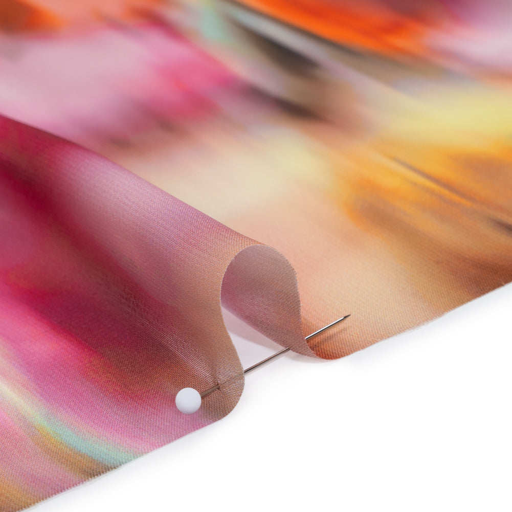 Polyester Chiffon Print - Hibiscus Pink, Creamsicle and Golden Yellow Soft Painterly Abstract - Designer Deadstock - Detail