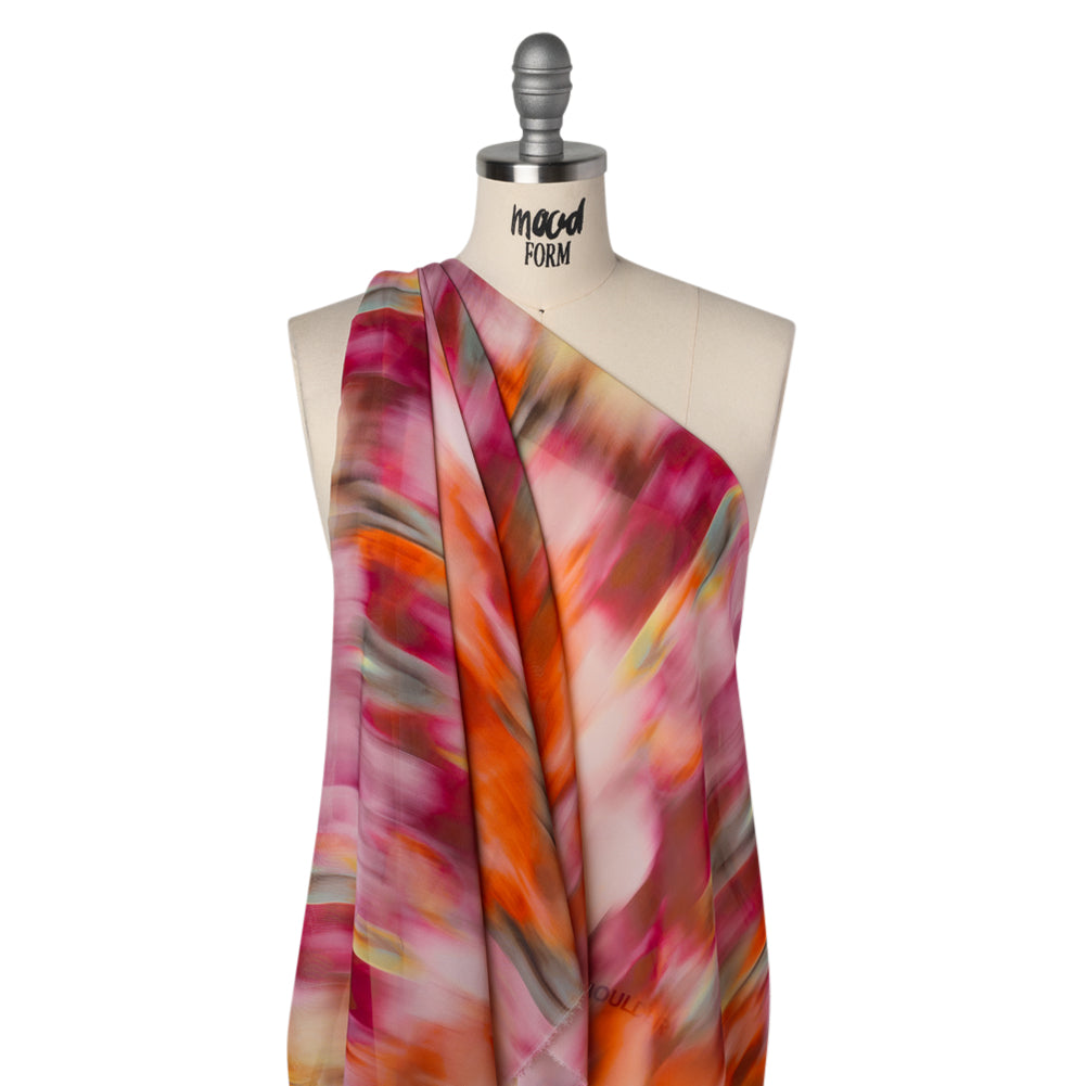 Polyester Chiffon Print - Hibiscus Pink, Creamsicle and Golden Yellow Soft Painterly Abstract - Designer Deadstock - Drape