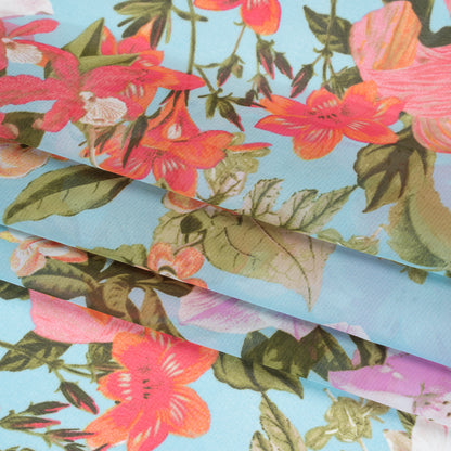 Polyester Chiffon Print - Lavender Purple, Bright Flamingo Pink and Pastel Blue Tropical Floral - Designer Deadstock