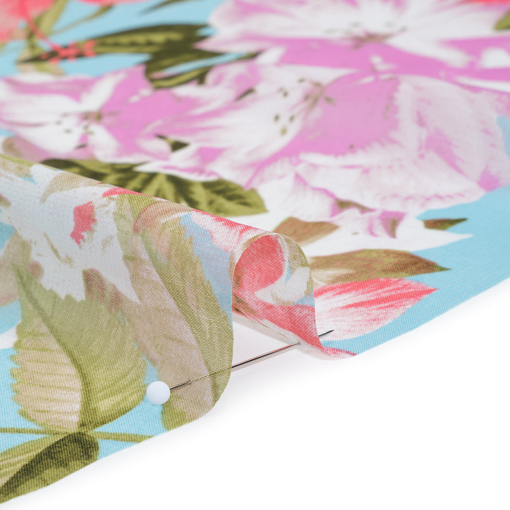 Polyester Chiffon Print - Lavender Purple, Bright Flamingo Pink and Pastel Blue Tropical Floral - Designer Deadstock - Detail