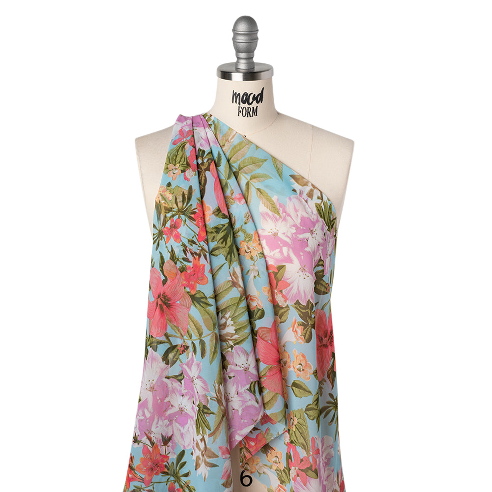 Polyester Chiffon Print - Lavender Purple, Bright Flamingo Pink and Pastel Blue Tropical Floral - Designer Deadstock - Drape