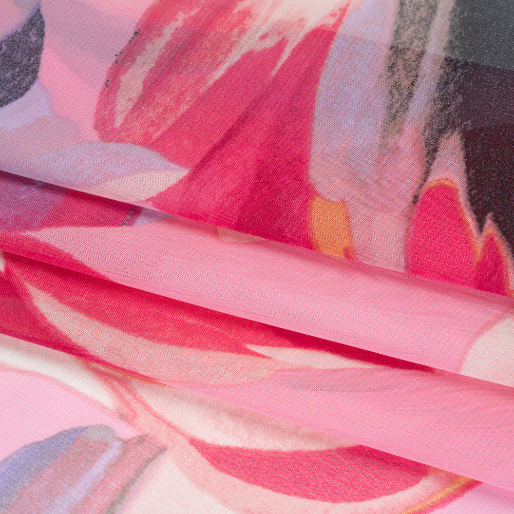 Polyester Chiffon Print - Fuschia Pink, Lavender and Pale Orange Abstract Floral Shapes - Designer Deadstock - Folded