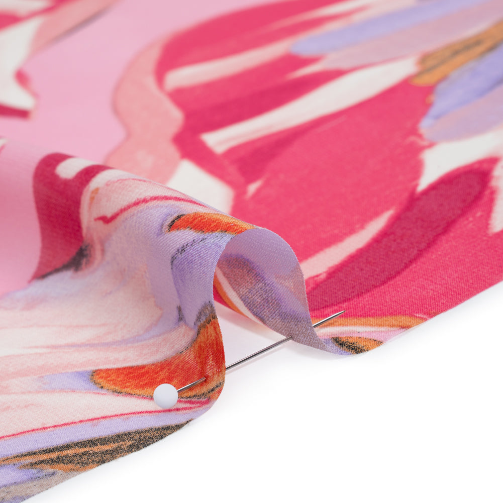 Polyester Chiffon Print - Fuschia Pink, Lavender and Pale Orange Abstract Floral Shapes - Designer Deadstock - Detail