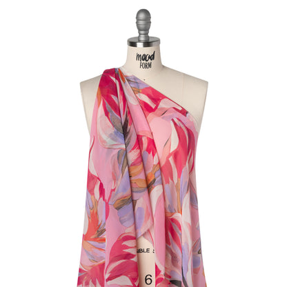 Polyester Chiffon Print - Fuschia Pink, Lavender and Pale Orange Abstract Floral Shapes - Designer Deadstock