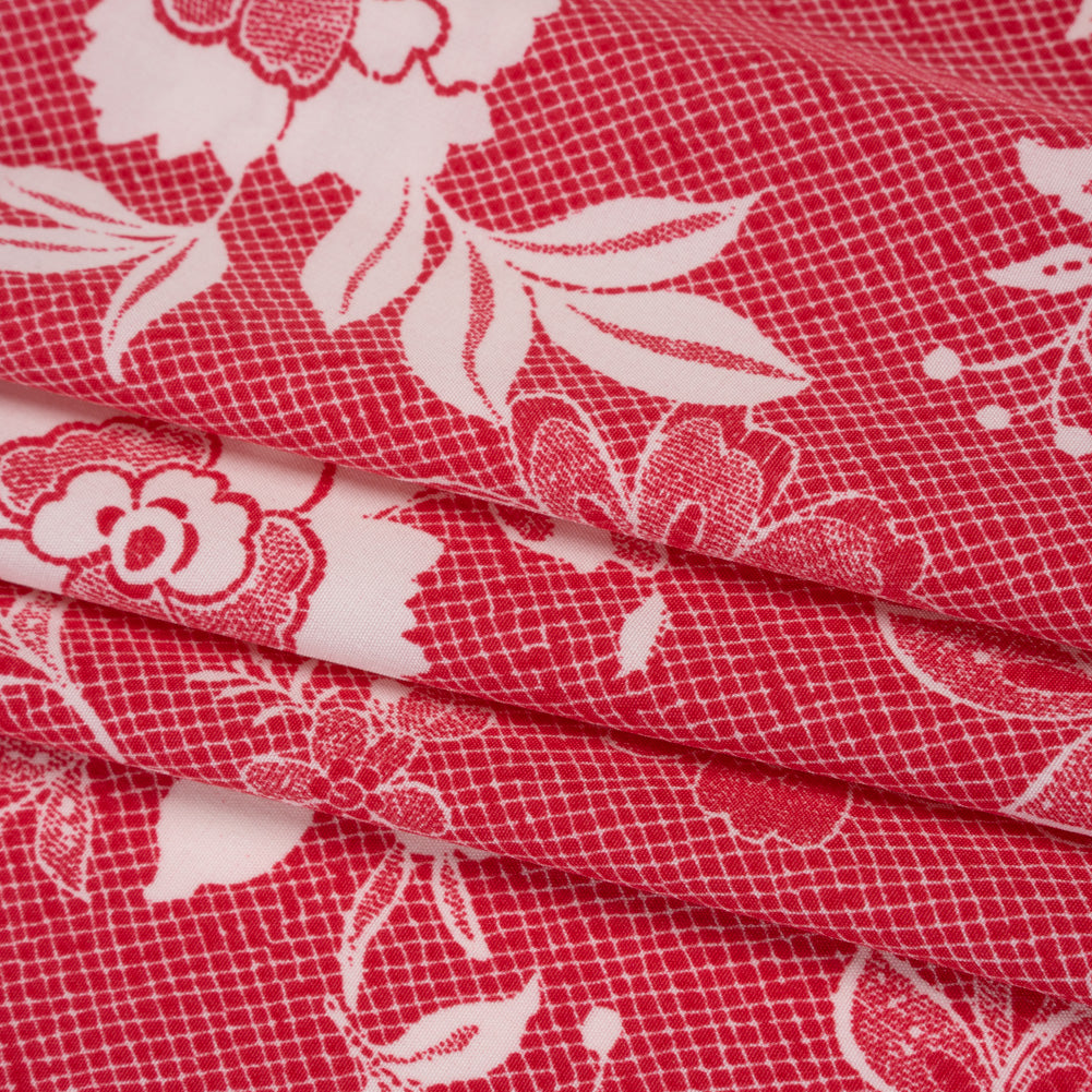 Stretch Polyester Woven Print - Goji Berry and White Country Floral - Designer Deadstock - Folded