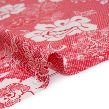 Stretch Polyester Woven Print - Goji Berry and White Country Floral - Designer Deadstock