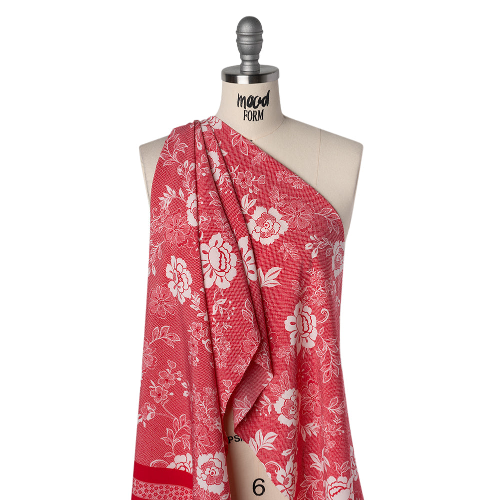 Stretch Polyester Woven Print - Goji Berry and White Country Floral - Designer Deadstock - Drape