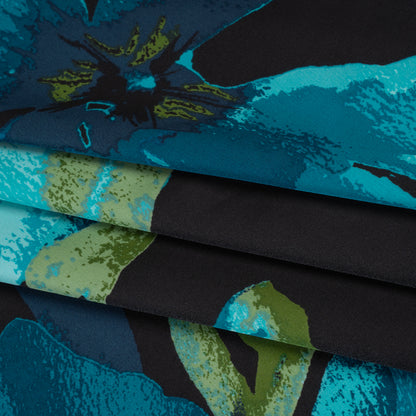 Stretch Polyester Charmeuse Print - Black, Aegean Teal and Green Floral - Designer Deadstock