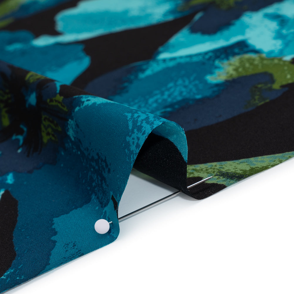 Stretch Polyester Charmeuse Print - Black, Aegean Teal and Green Floral - Designer Deadstock - Detail