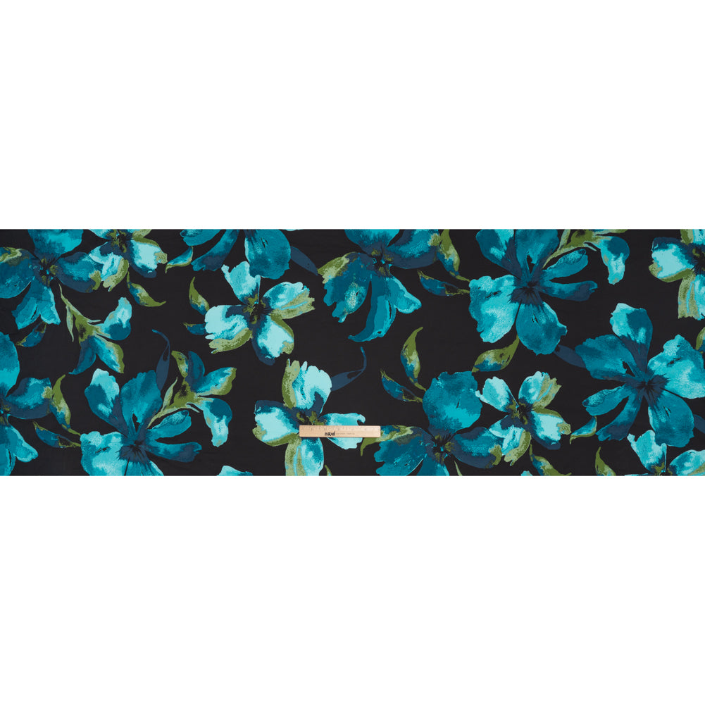 Stretch Polyester Charmeuse Print - Black, Aegean Teal and Green Floral - Designer Deadstock - Full