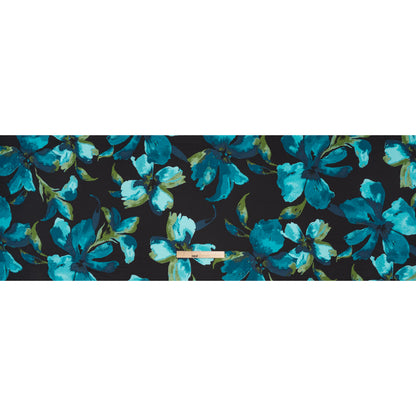 Stretch Polyester Charmeuse Print - Black, Aegean Teal and Green Floral - Designer Deadstock